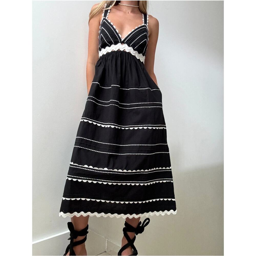 NWT SEA NY Black Ryleigh Ric Rac Sleeveless Dress V-Neck Midi Cotton Size 4